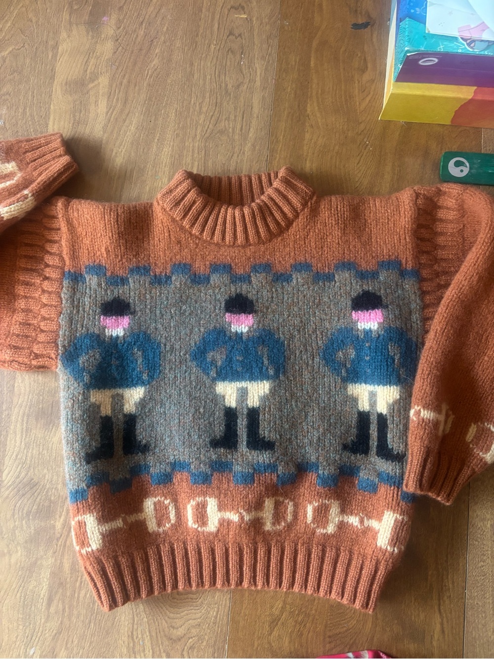 Vintage Orange Kids Sweater with Blue & Gray Equestrian Motif